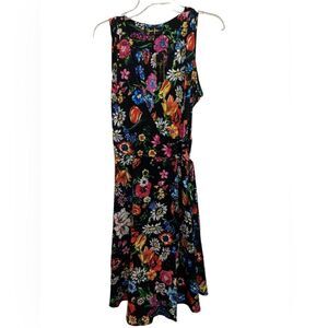Yumi Kim Black Multi-Color Floral Vibrant 100% Silk Wrap Dress Size Medium